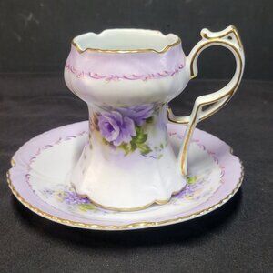 Vtg Patriark Lavende & Green Floral Tea Cup & Saucer Set w/ Gold Trim “Carla"